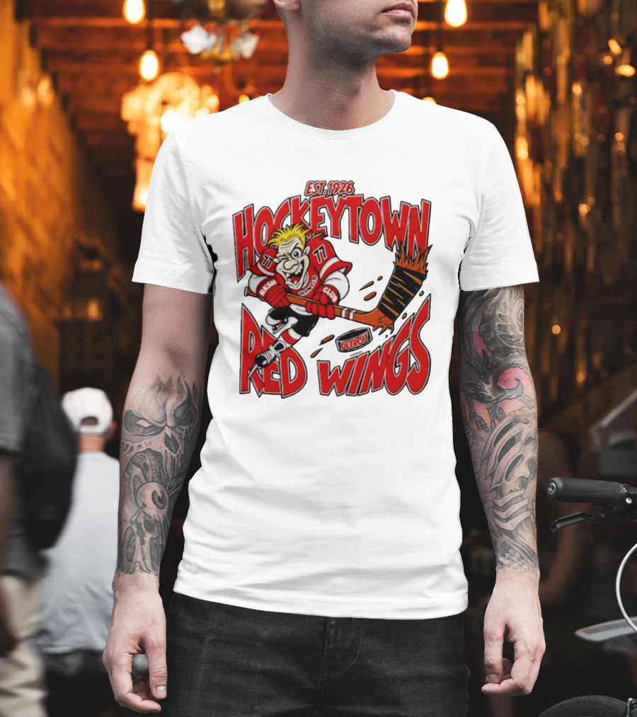 Detroit Red Wings Hockeytown Est. 1926 Vintage Cartoon Player With Flaming Hockey Stick T-Shirt