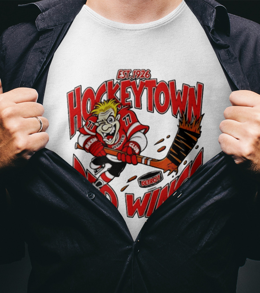Detroit Red Wings Hockeytown Est. 1926 Vintage Cartoon Player With Flaming Hockey Stick T-Shirt