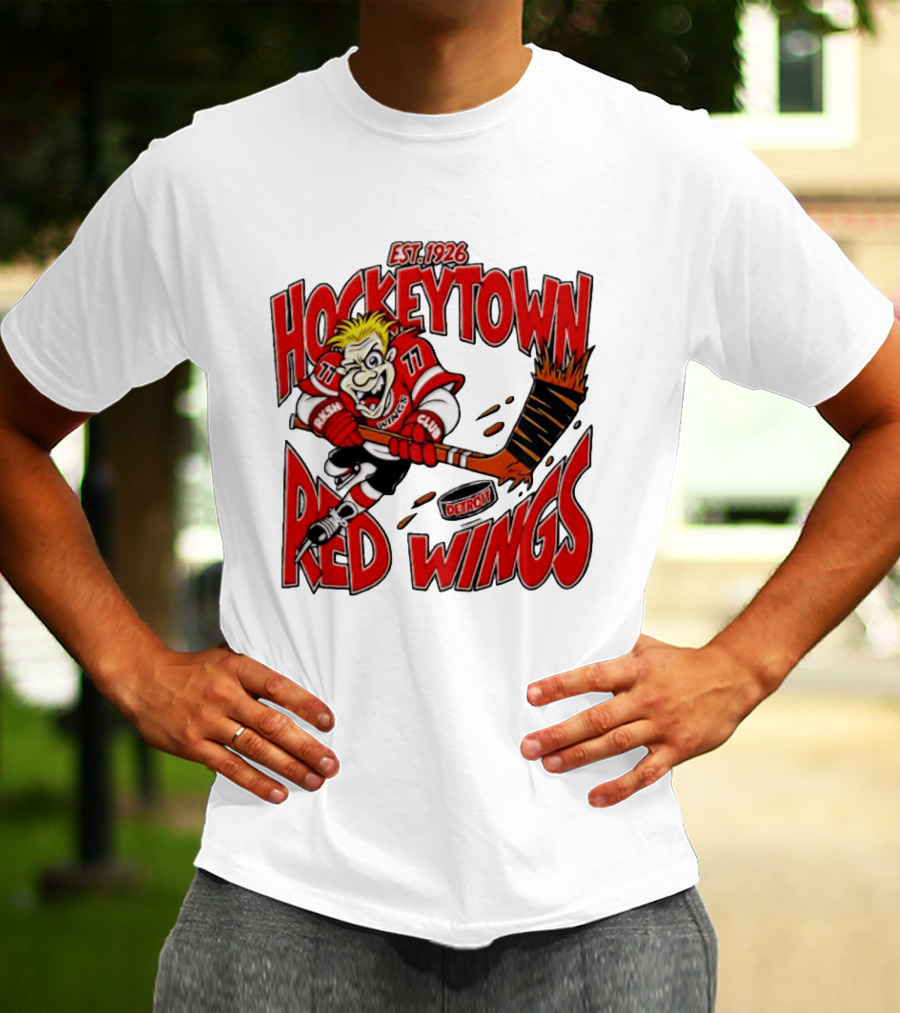 Detroit Red Wings Hockeytown Est. 1926 Vintage Cartoon Player With Flaming Hockey Stick T-Shirt