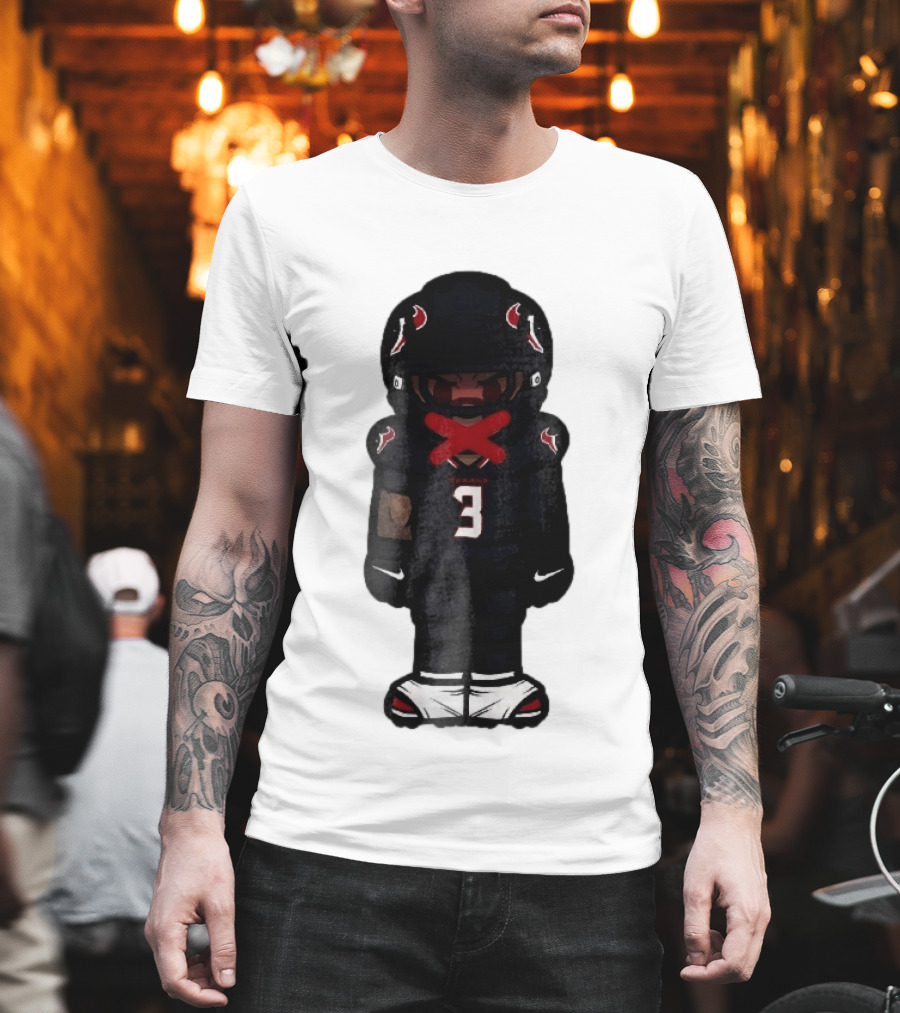 Houston Texans Cartoon Caricature Player Jersey Number 3 Red X Mouth T-Shirt