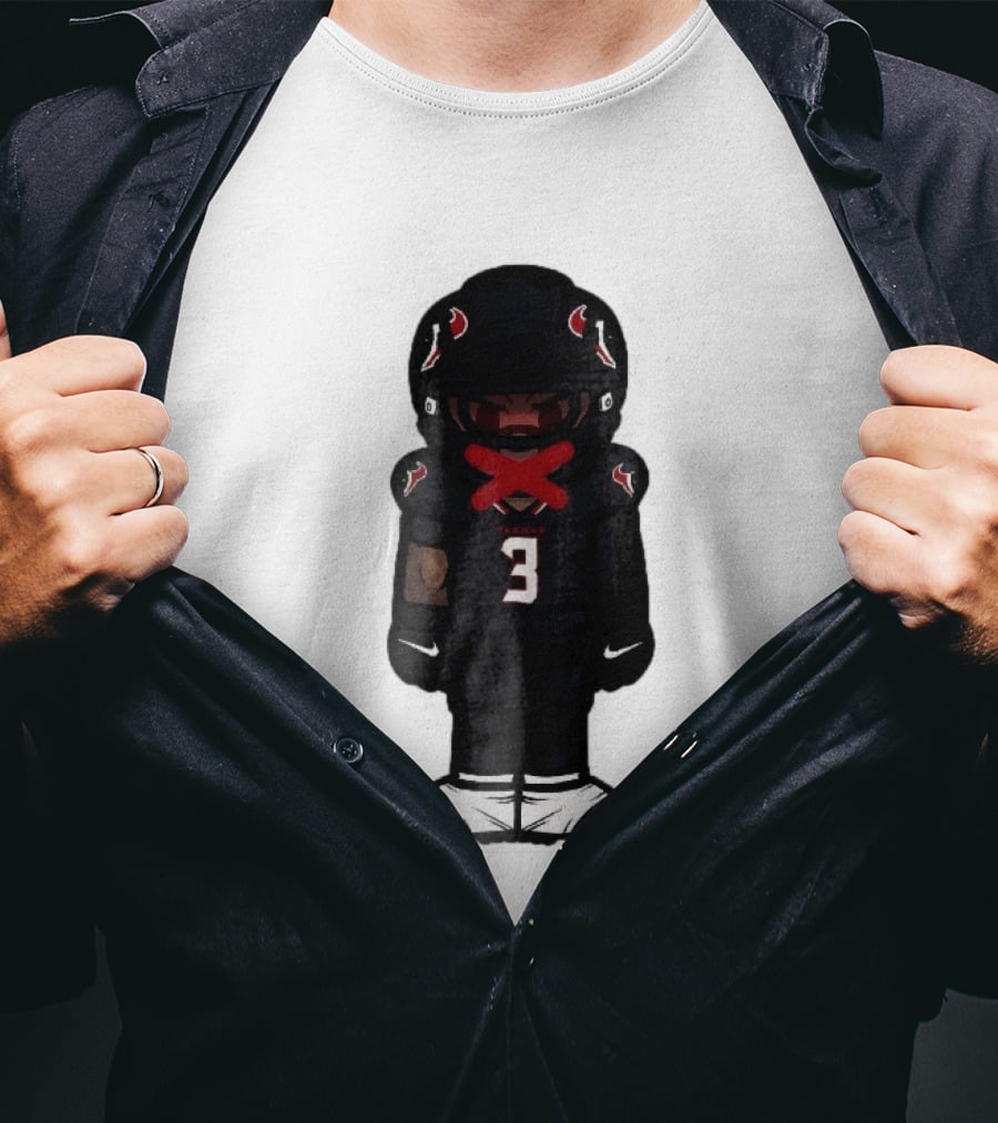 Houston Texans Cartoon Caricature Player Jersey Number 3 Red X Mouth T-Shirt