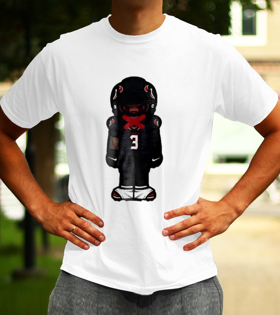 Houston Texans Cartoon Caricature Player Jersey Number 3 Red X Mouth T-Shirt
