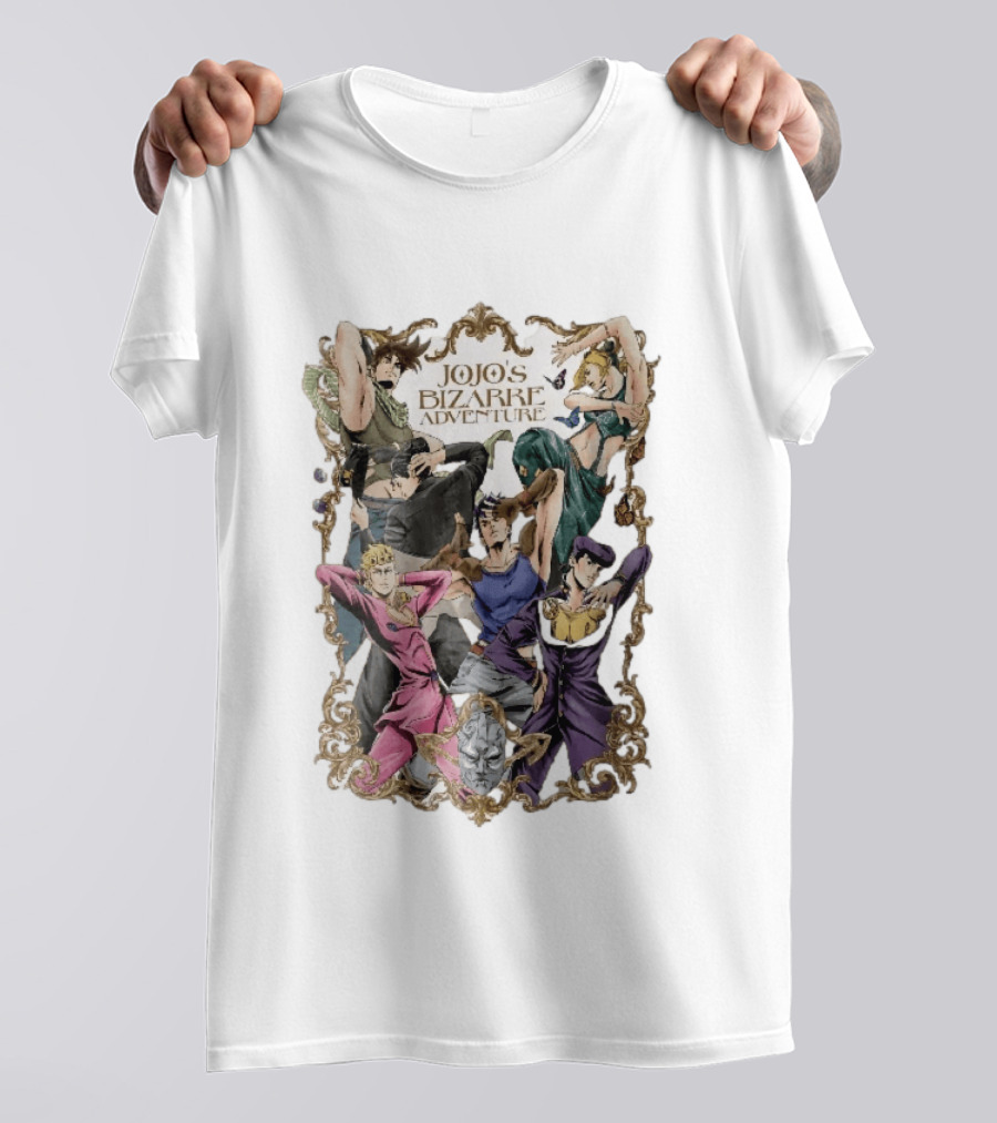 JoJo's Bizarre Adventure Characters Posing In Ornate Gold Frame With Stone Mask T-Shirt
