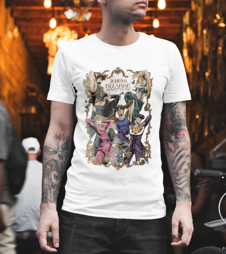 JoJo's Bizarre Adventure Characters Posing In Ornate Gold Frame With Stone Mask T-Shirt