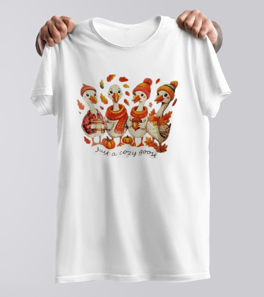 Cozy Goose Autumn Theme Four Cartoon Birds Leaves Pumpkins T-Shirt