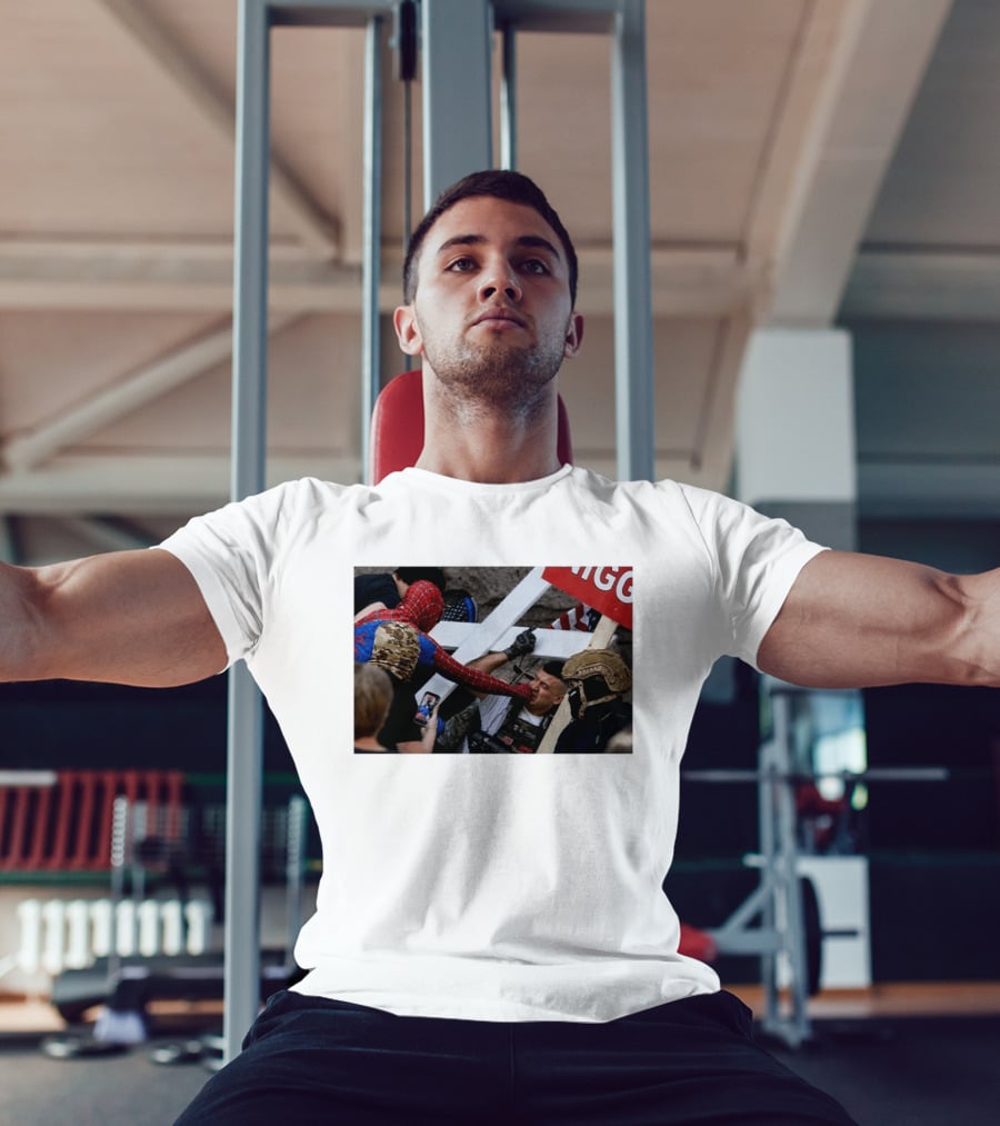 Spiderman Punch A Nazi Protest Scene With Cross And American Flag T-Shirt