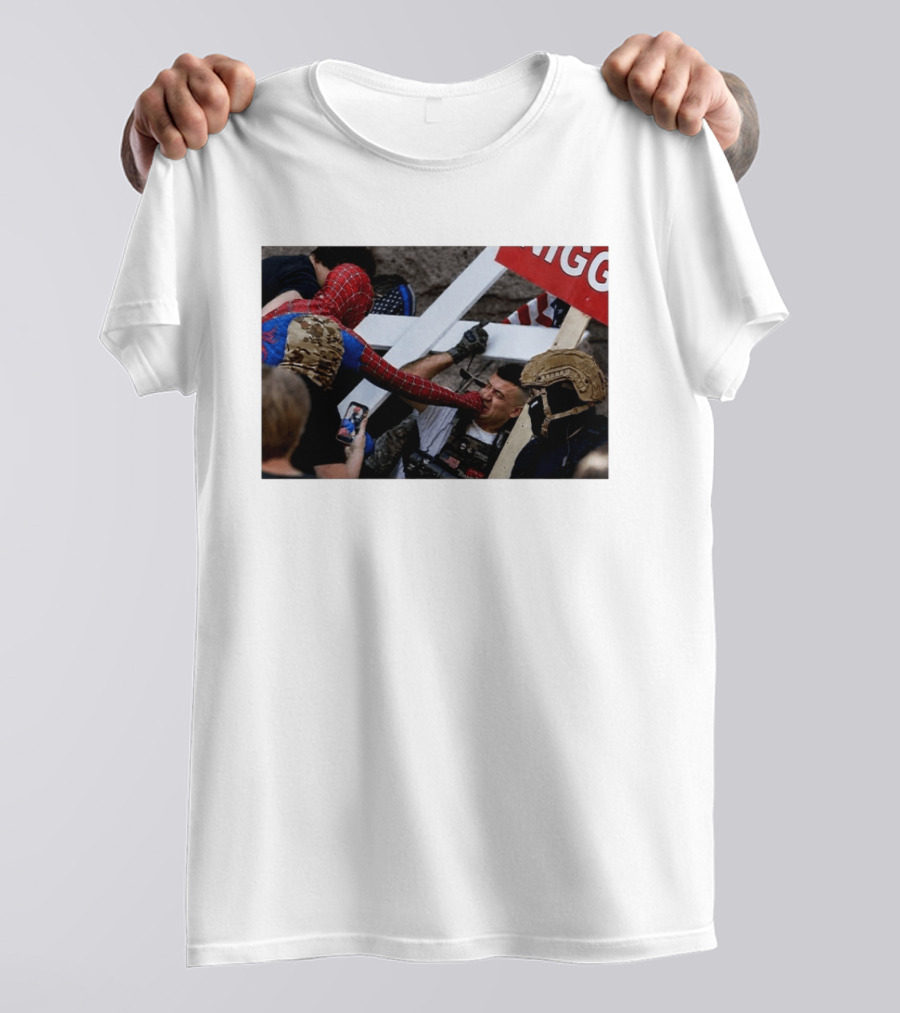 Spiderman Punch A Nazi Protest Scene With Cross And American Flag T-Shirt