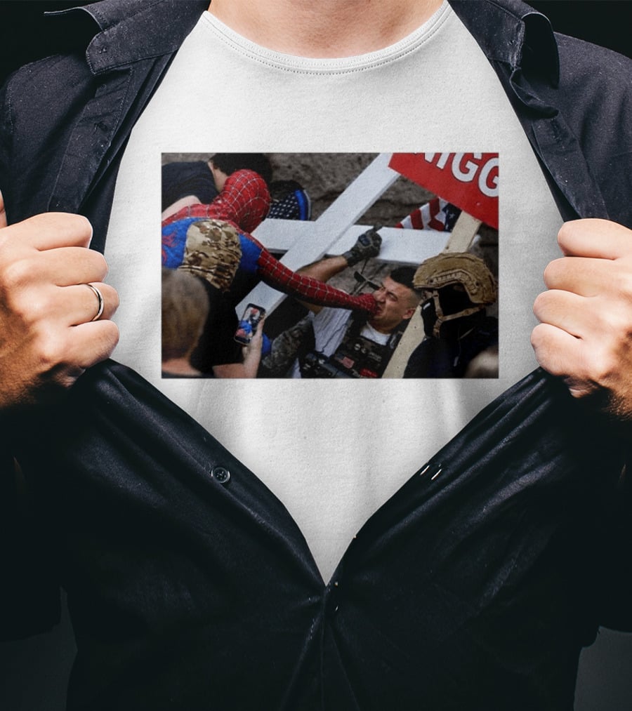 Spiderman Punch A Nazi Protest Scene With Cross And American Flag T-Shirt