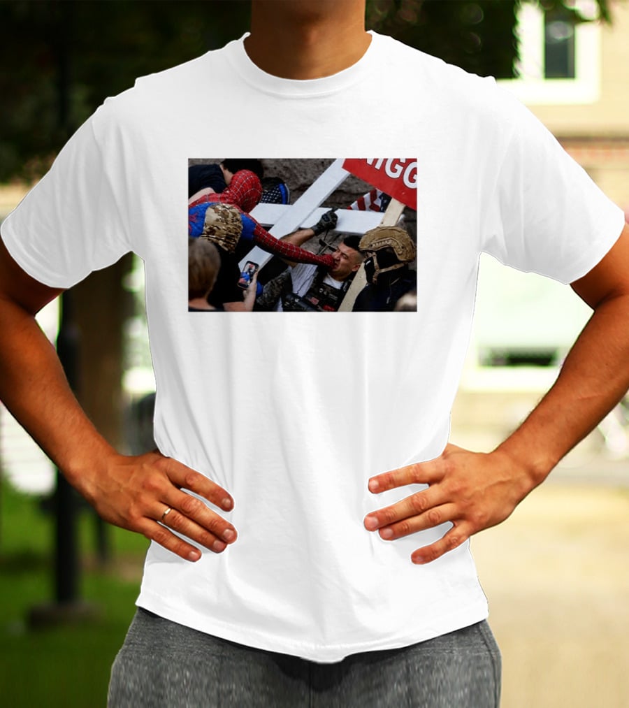 Spiderman Punch A Nazi Protest Scene With Cross And American Flag T-Shirt