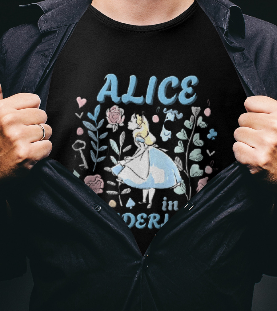 Alice In Wonderland Floral Wonderland With Alice Smelling Flowers T-Shirt