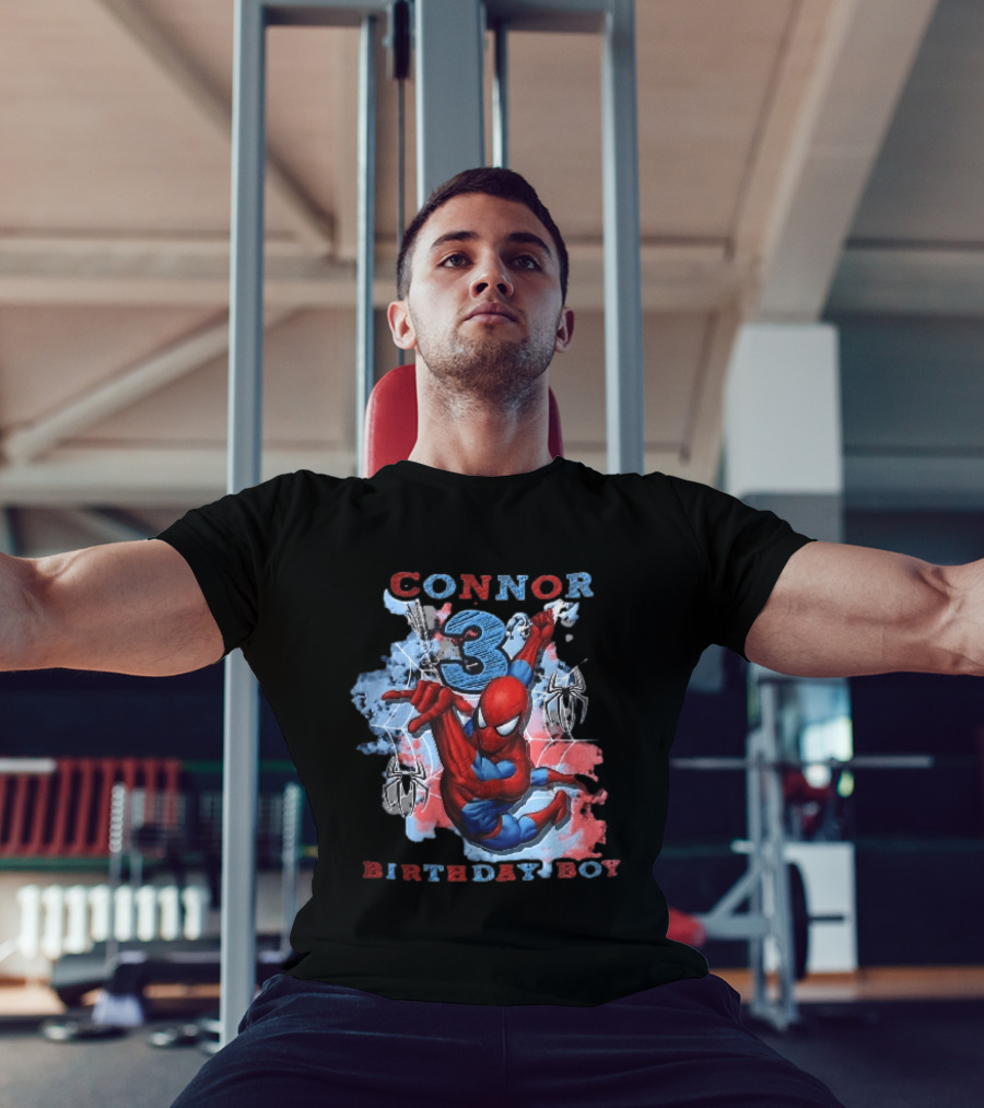 Connor 3 Birthday Boy Spider Man Web Slinging Cartoon T-Shirt