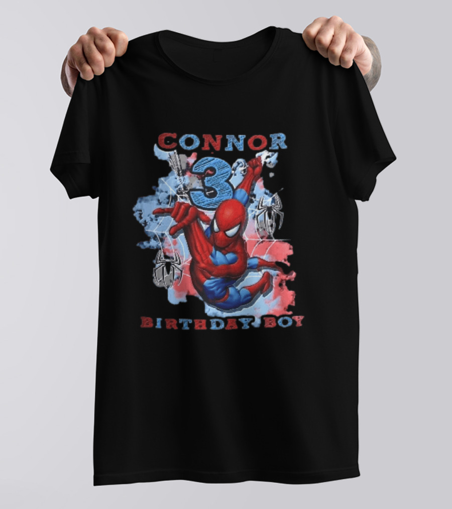 Connor 3 Birthday Boy Spider Man Web Slinging Cartoon T-Shirt