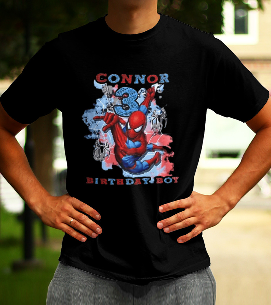 Connor 3 Birthday Boy Spider Man Web Slinging Cartoon T-Shirt