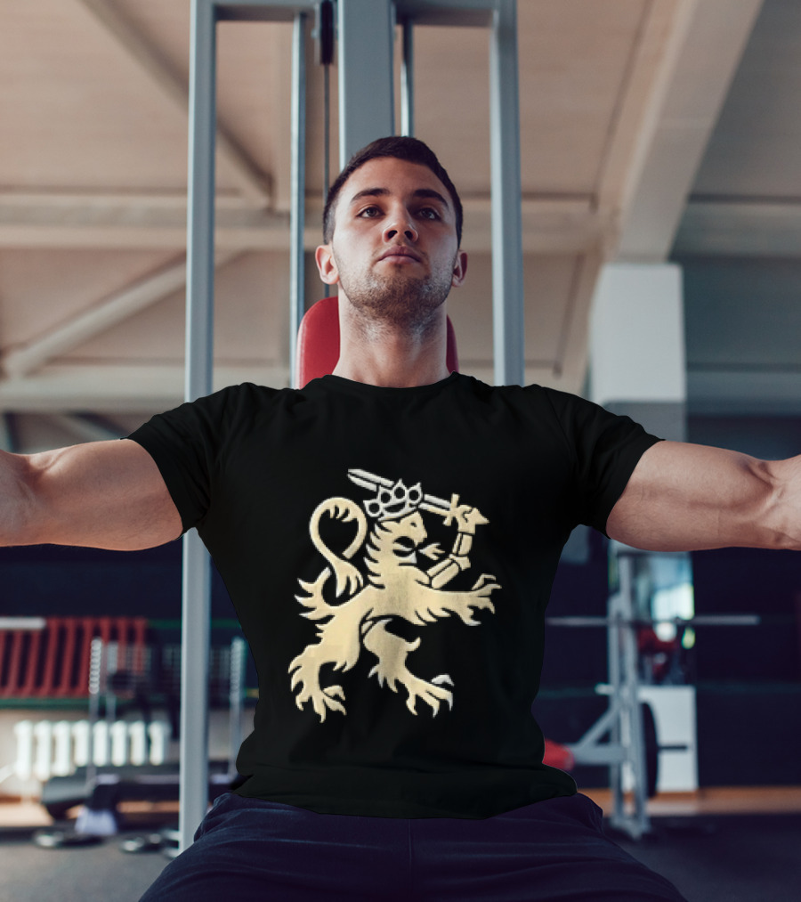 Heraldic Gold Rampant Lion With Crown Sword And Brass Knuckles T-Shirt