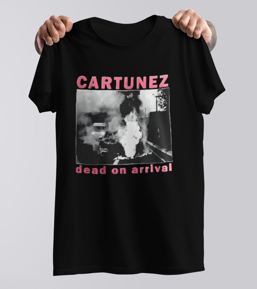 CARTUNEZ Dead On Arrival Burning Car Smoke Fire Street Scene T-Shirt
