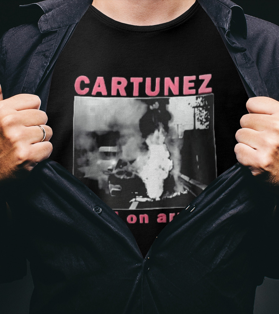 CARTUNEZ Dead On Arrival Burning Car Smoke Fire Street Scene T-Shirt