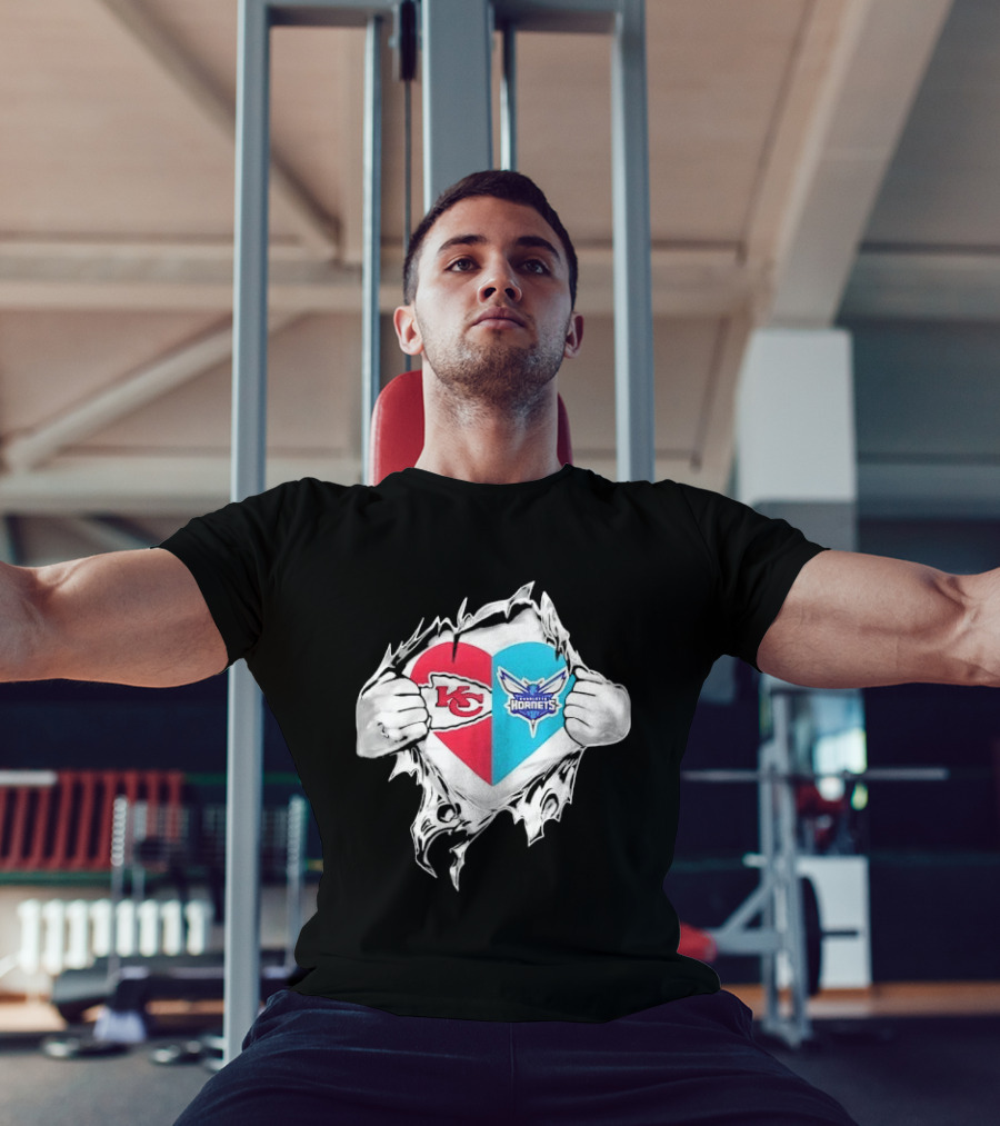 Kansas City Chiefs Charlotte Hornets Heart Hands Ripping Open T-Shirt