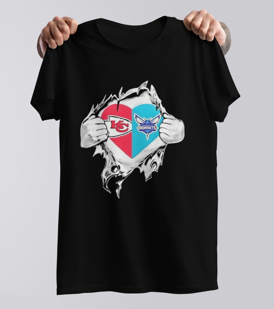 Kansas City Chiefs Charlotte Hornets Heart Hands Ripping Open T-Shirt
