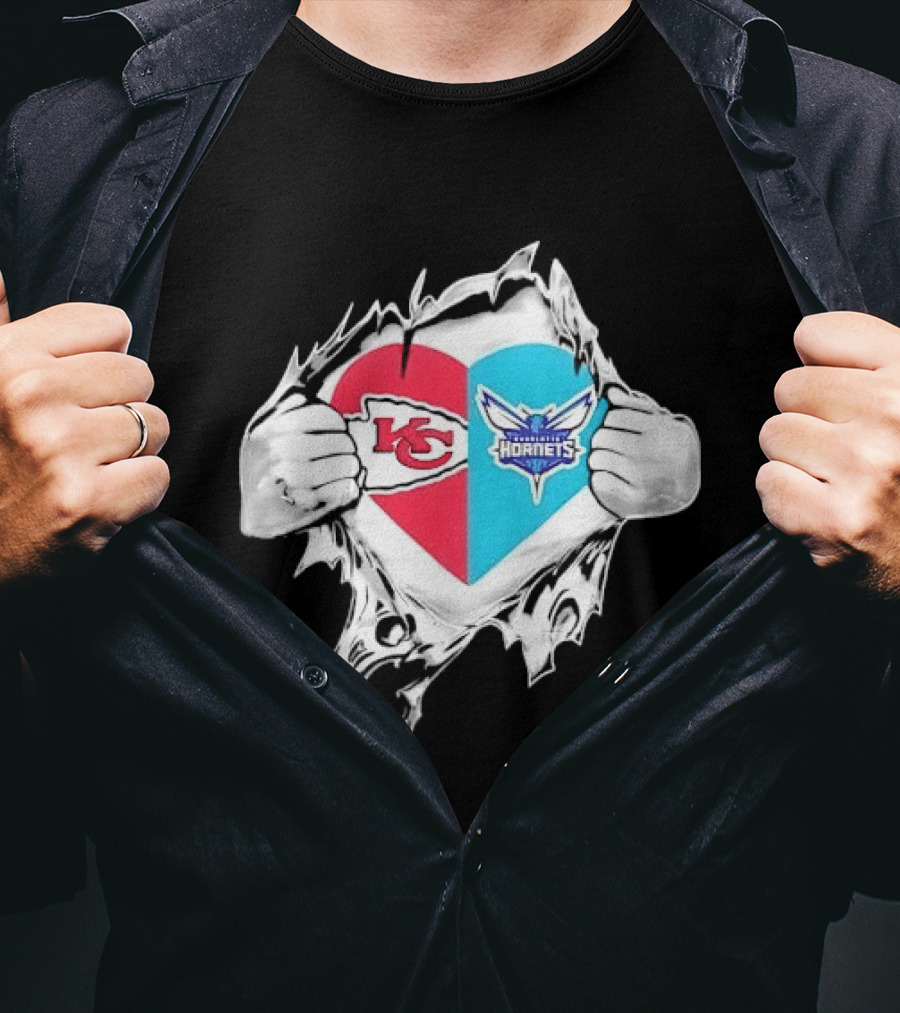 Kansas City Chiefs Charlotte Hornets Heart Hands Ripping Open T-Shirt