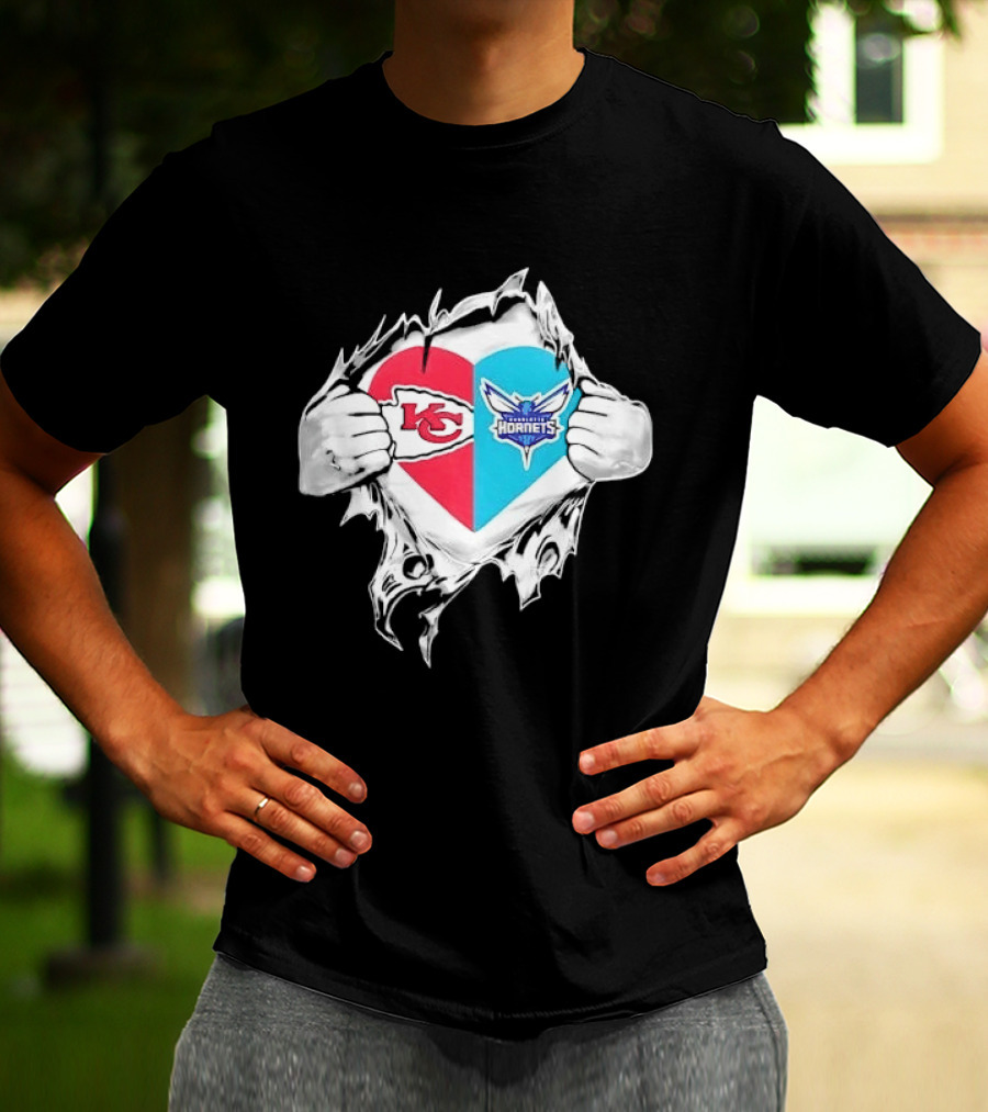 Kansas City Chiefs Charlotte Hornets Heart Hands Ripping Open T-Shirt