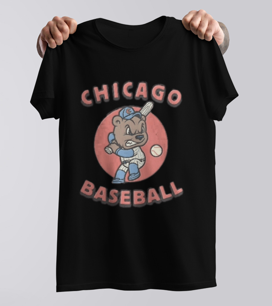 Chicago Cubs Baseball Bear Swinging Bat Cartoon T-Shirt