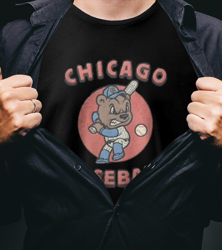Chicago Cubs Baseball Bear Swinging Bat Cartoon T-Shirt
