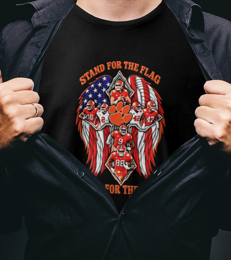 Clemson Tigers Stand For The Flag Kneel For The Cross 2026 American Flag Football Paw T-Shirt