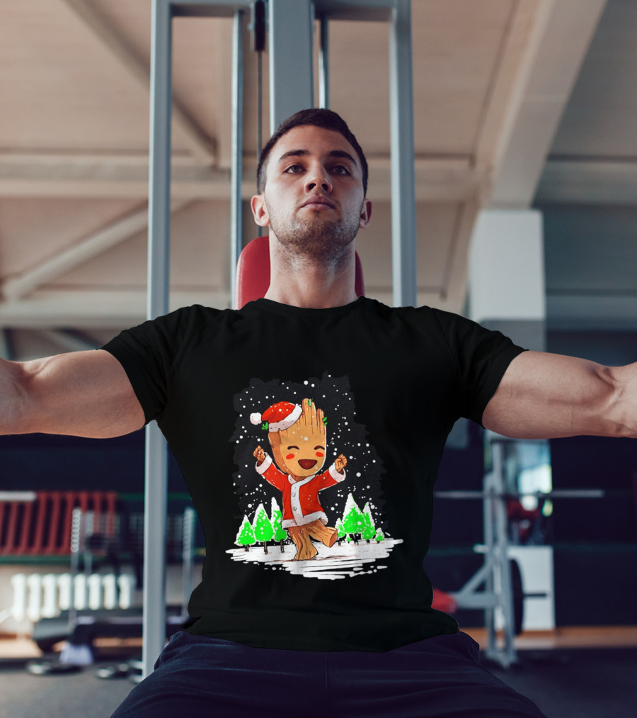 Dancing Santa Groot Christmas Trees Snow Scene T-Shirt