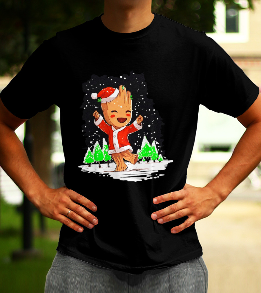 Dancing Santa Groot Christmas Trees Snow Scene T-Shirt