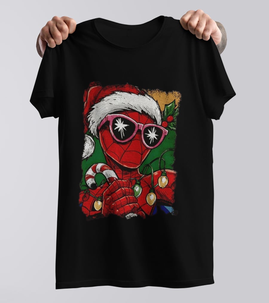 Marvel Spider Man Christmas Santa Candy Cane Festive Lights T-Shirt