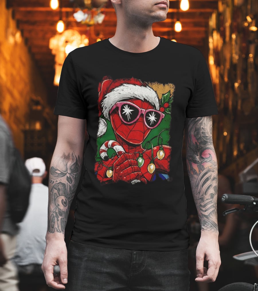 Marvel Spider Man Christmas Santa Candy Cane Festive Lights T-Shirt