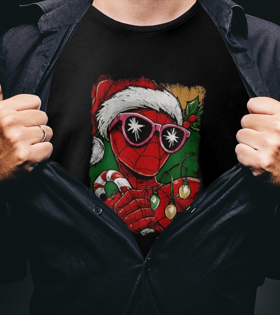Marvel Spider Man Christmas Santa Candy Cane Festive Lights T-Shirt