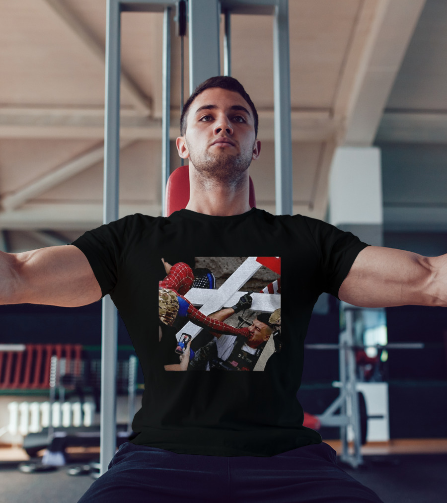 Minneapolis Spider Man Punching Protest Collage With American Flag And Cross T-Shirt