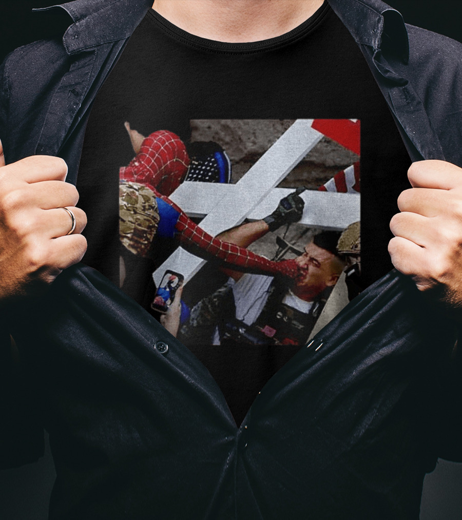 Minneapolis Spider Man Punching Protest Collage With American Flag And Cross T-Shirt