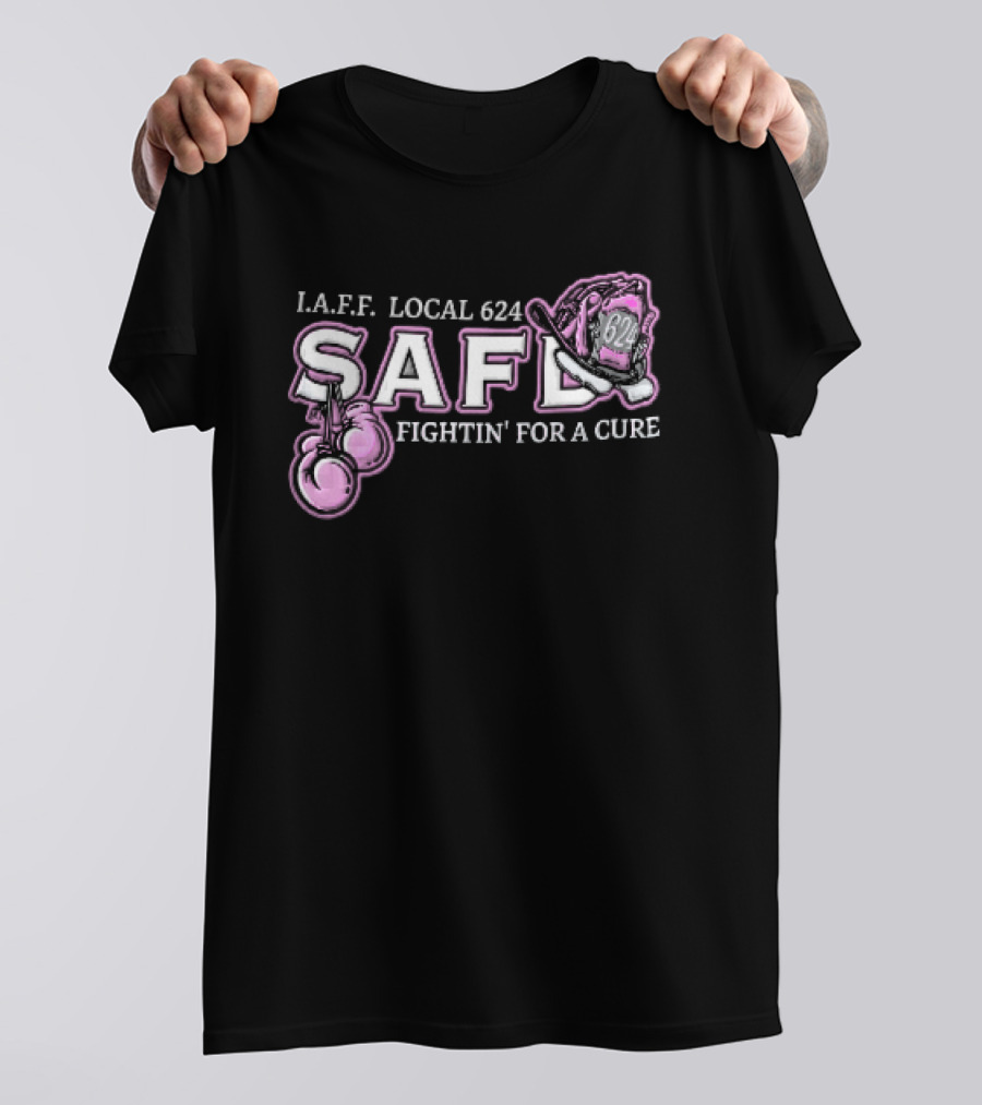 IAFF Local 624 SAFD Fightin' For A Cure Pink Boxing Gloves Firefighter Helmet T-Shirt