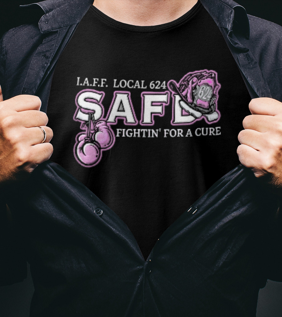 IAFF Local 624 SAFD Fightin' For A Cure Pink Boxing Gloves Firefighter Helmet T-Shirt