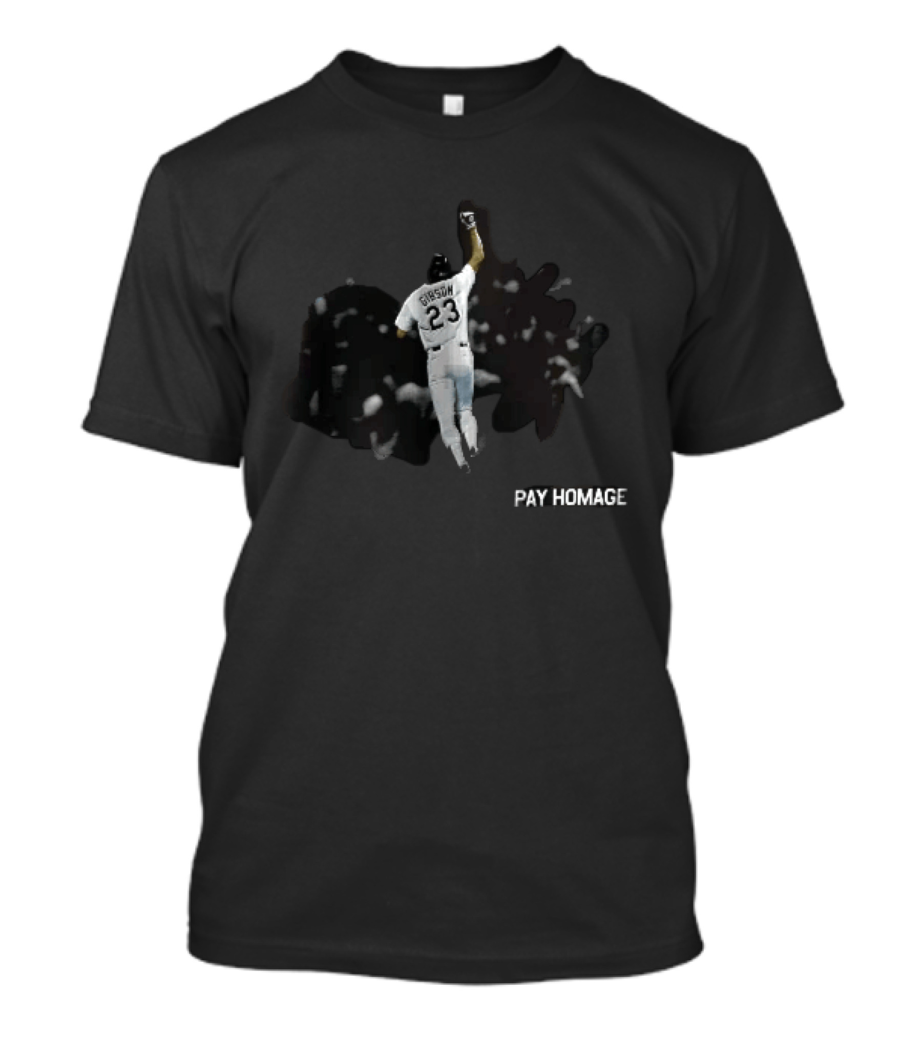 Pay Homage Gibson 23 Baseball Player Fist Pump Back View T-Shirt