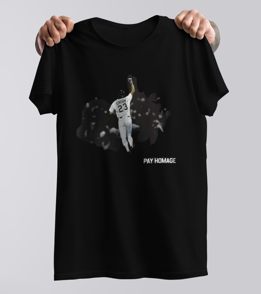 Pay Homage Gibson 23 Baseball Player Fist Pump Back View T-Shirt