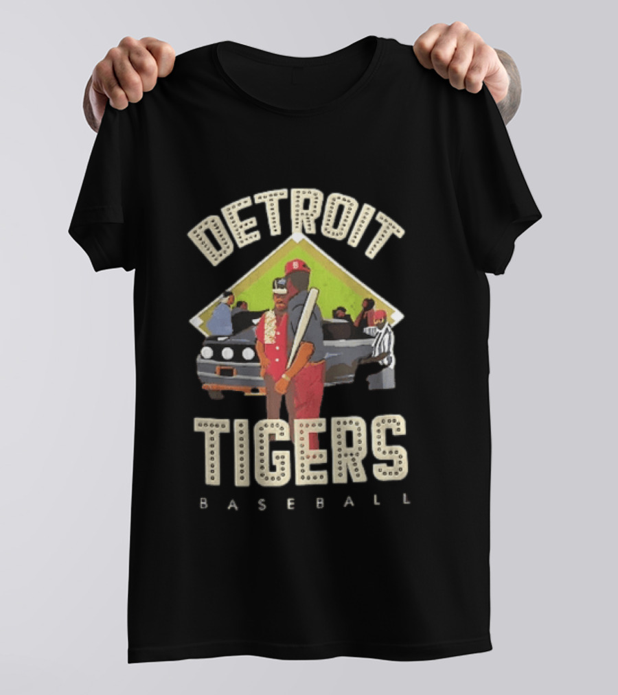 Detroit Tigers Baseball Figures Convertible Car And Bat Scene T-Shirt