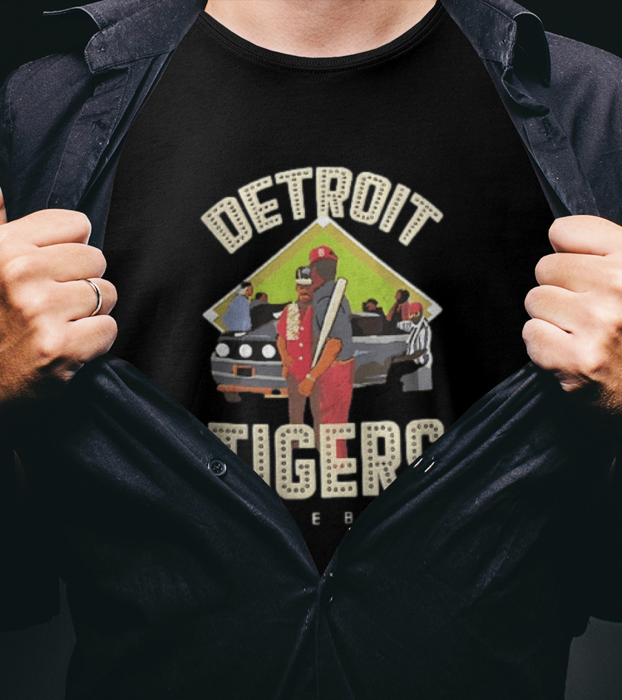 Detroit Tigers Baseball Figures Convertible Car And Bat Scene T-Shirt
