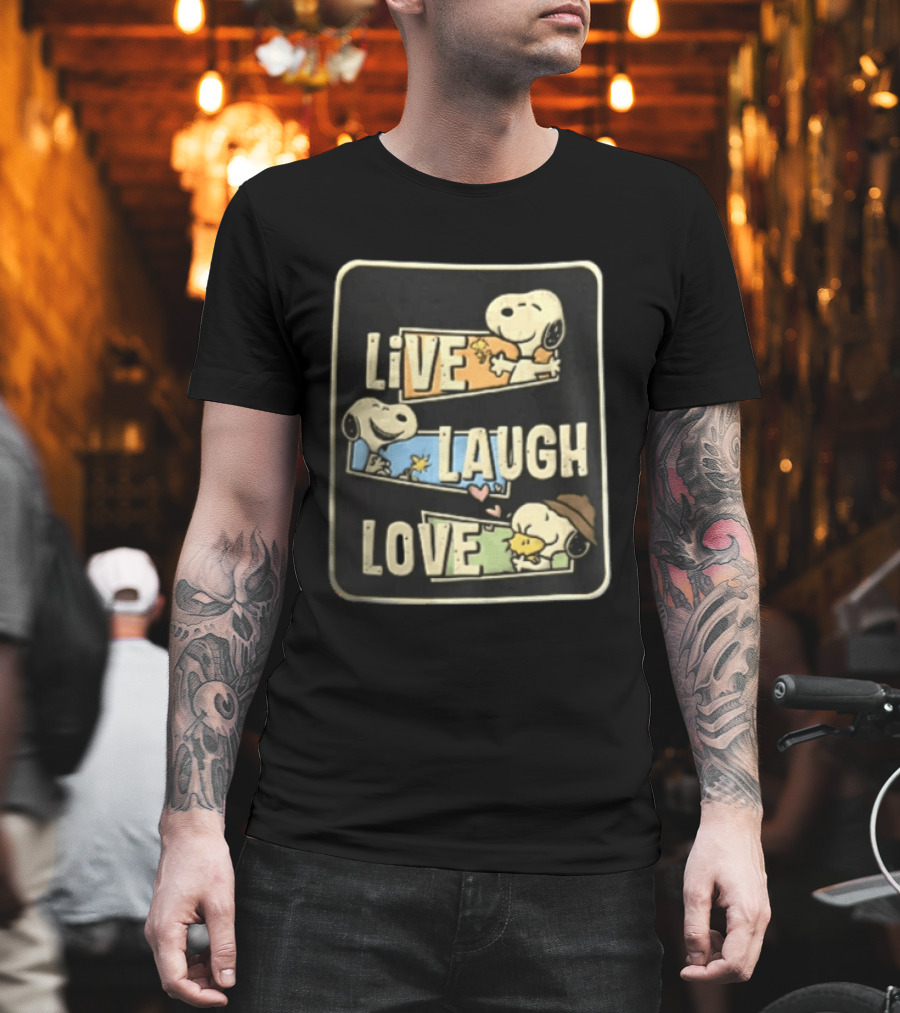 Live Laugh Love Peanuts Snoopy Woodstock Hugging Panels T-Shirt
