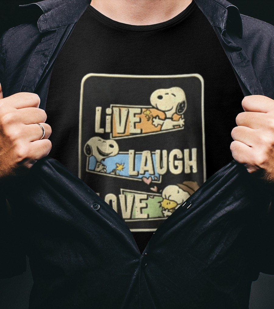 Live Laugh Love Peanuts Snoopy Woodstock Hugging Panels T-Shirt