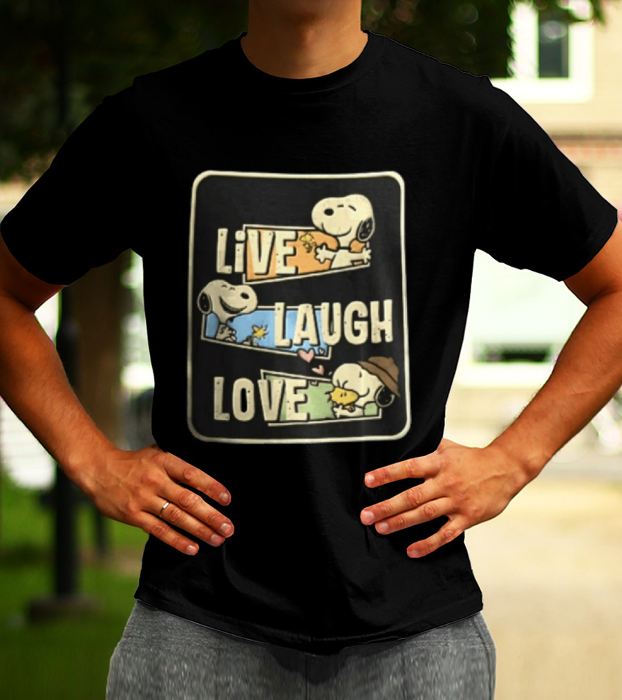 Live Laugh Love Peanuts Snoopy Woodstock Hugging Panels T-Shirt