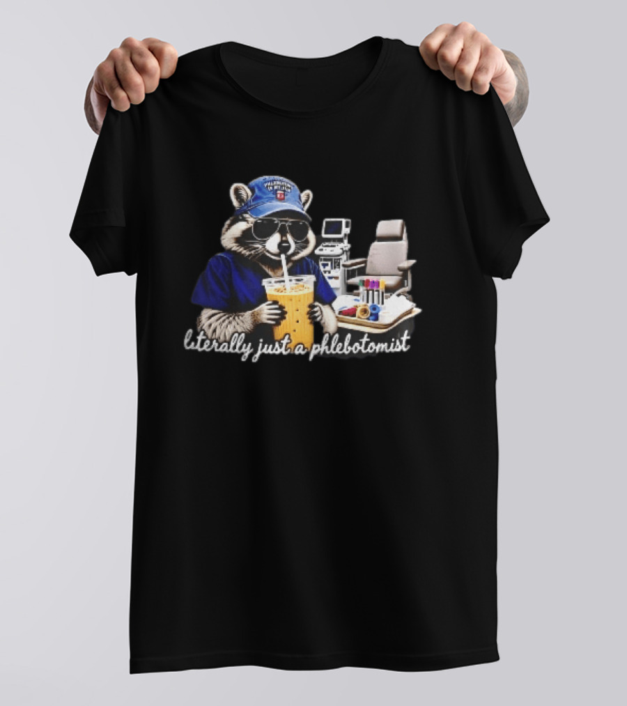 Raccoon Phlebotomist In Scrubs Sipping Drink With Blood Collection Tubes T-Shirt