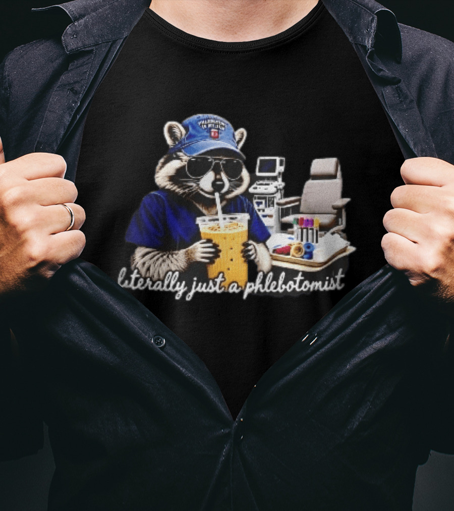 Raccoon Phlebotomist In Scrubs Sipping Drink With Blood Collection Tubes T-Shirt