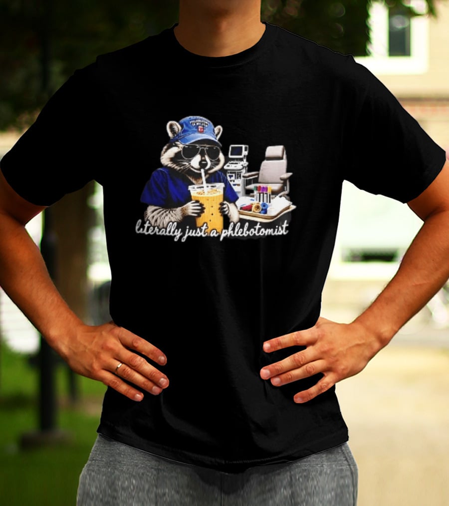 Raccoon Phlebotomist In Scrubs Sipping Drink With Blood Collection Tubes T-Shirt