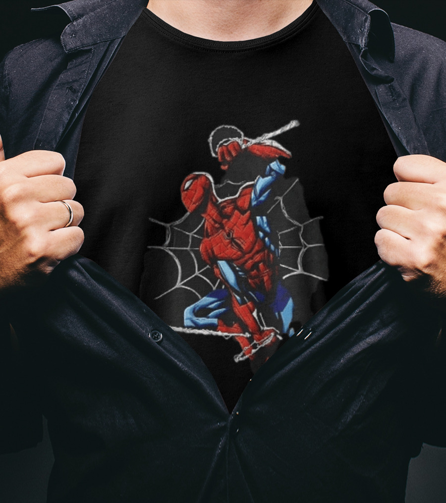 Spider Man Web Swinging Pose Comic Book Line Art Classic Marvel Superhero T-Shirt