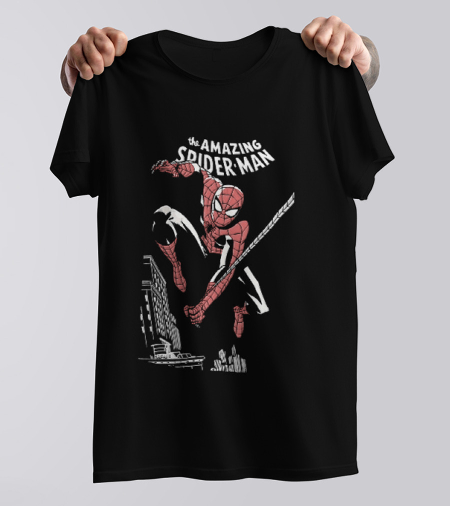 The Amazing Spider Man Swinging Above City Skyline T-Shirt