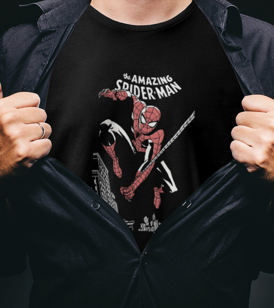 The Amazing Spider Man Swinging Above City Skyline T-Shirt