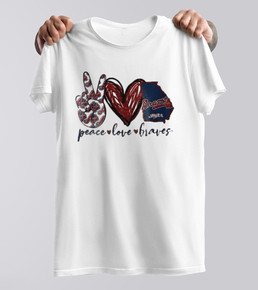 Peace Love Braves Hand Red Glitter Heart Georgia Map T-Shirt